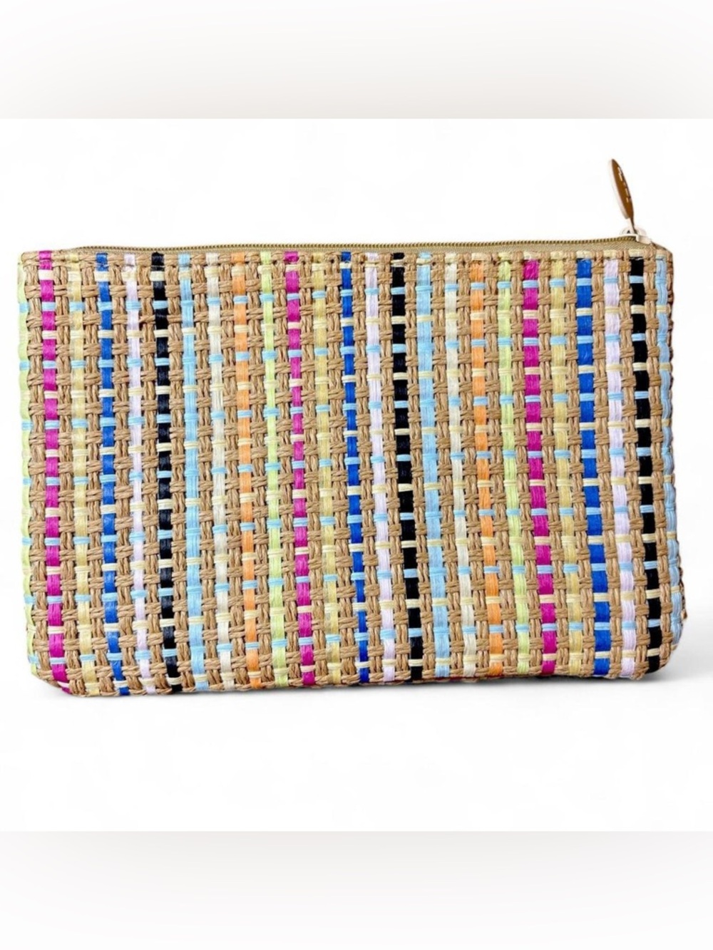 Woven Multicolor Straw Clutch - Natural & Bright Stripe